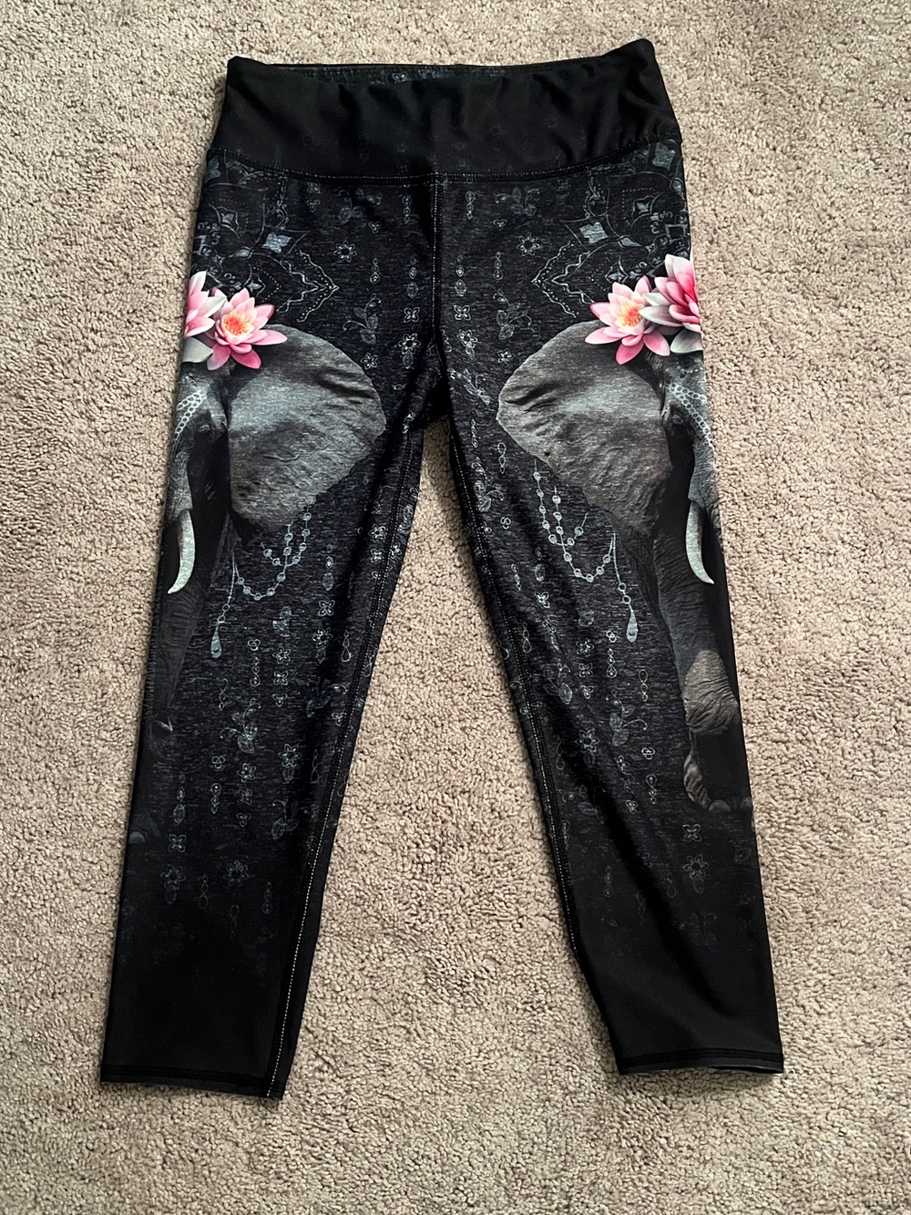 Evolution and Creation Black Leggings with Pink Floral Elephant Print